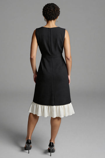 Sparkly Black and White Beaded Satin A Line Long Work Dress with Ruffles